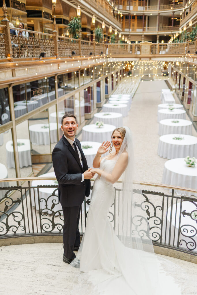 Bride and groom inside the Arcade on Euclid before their Cleveland wedding