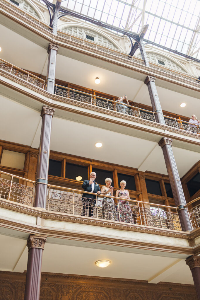 Bride and groom inside the Arcade on Euclid before their Cleveland wedding