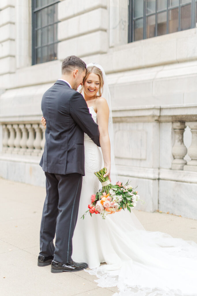 Bride and groom portraits at the Cleveland Public Library on Superior Avenue