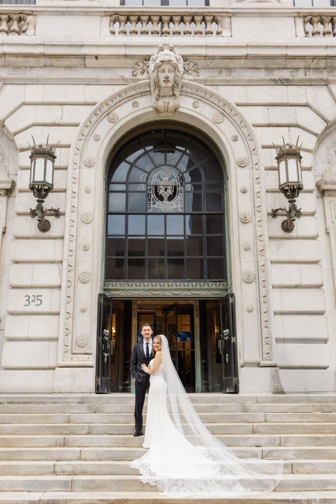 Bride and groom portraits at the Cleveland Public Library on Superior Avenue