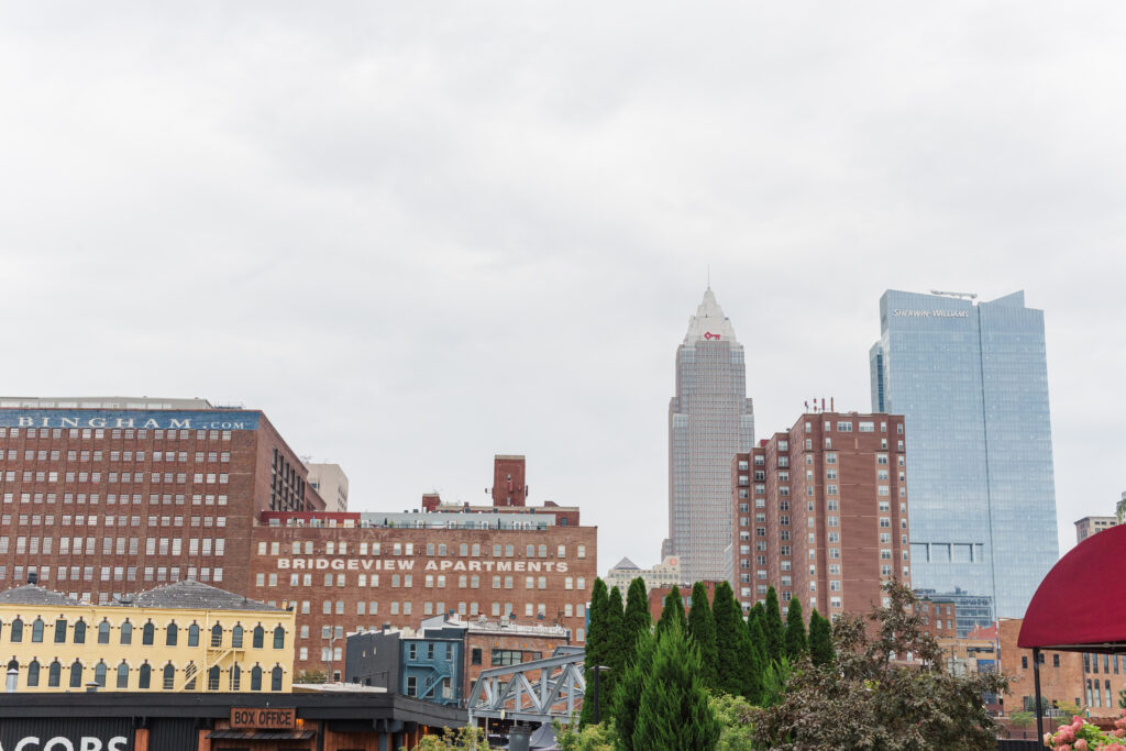 Wedding portraits outside Windows on the River in Cleveland, Ohio
